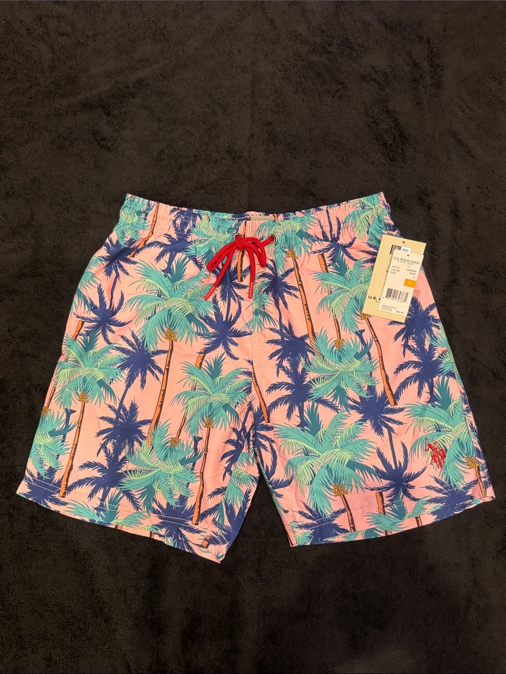 U.S. Polo Assn. Pink Palm Print Swim Trunks with Red Drawstring